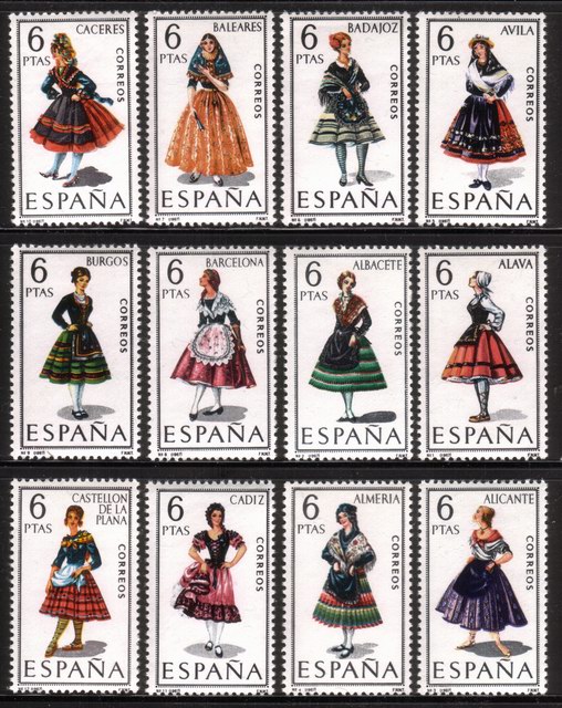Regional Costumes: Women From Alava, Barcelona, Caceres, Etc. - Complete Set of 12 Different