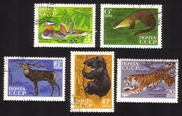 Wildlife: Mandarin Ducks, Ussurian Tiger, Red Deer, Etc. - Complete Set of 5 Different