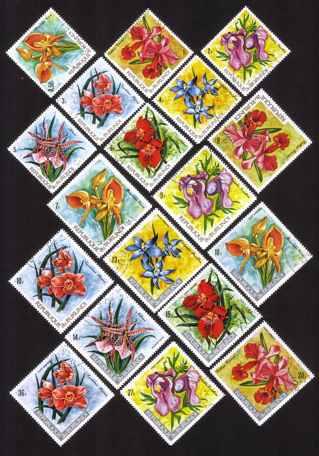 Orchids: Miltonia, Platycornye Crocea, Etc. - Complete Set of 18 Different (Diamond Shaped)
