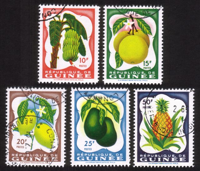 Fruits: Bananas, Avocados, Pineapple, Grapefruit, Lemons - Complete Set of 5 Different Issued 1959