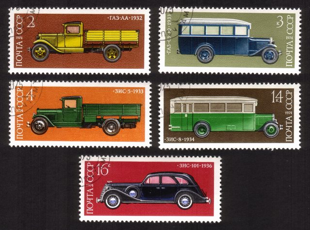 Soviet Cars & Trucks (1974): GAZ AA, GAZ 03-30 Bus, Zis 5, Etc. - Complete Set of 5 Different