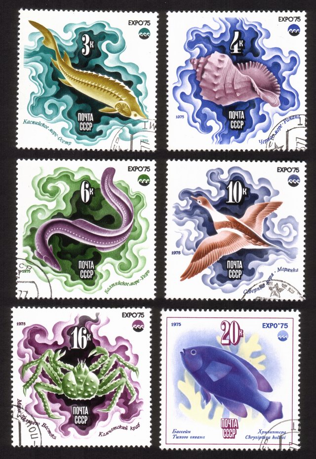 OceanExpo ‘’75 (Okinawa) Sealife: Sturgeon, Eel, Sea Duck, Etc. - Complete Set of 6 Different
