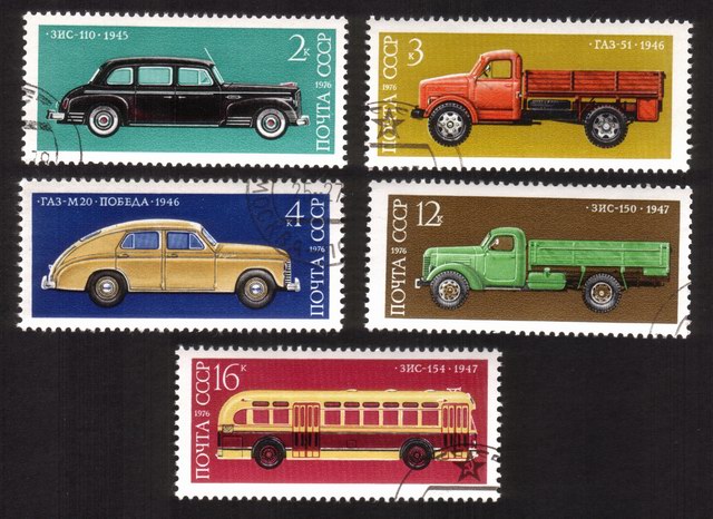 Soviet Cars & Trucks (1976): ZIS-110 Passenger Car, GAZ-51, Etc. - Complete Set of 5 Different