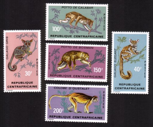 Primates: Colobe D’’Oustalet, Potto De Bosman, Gray Galago, Etc. - Complete Set of 5 Different